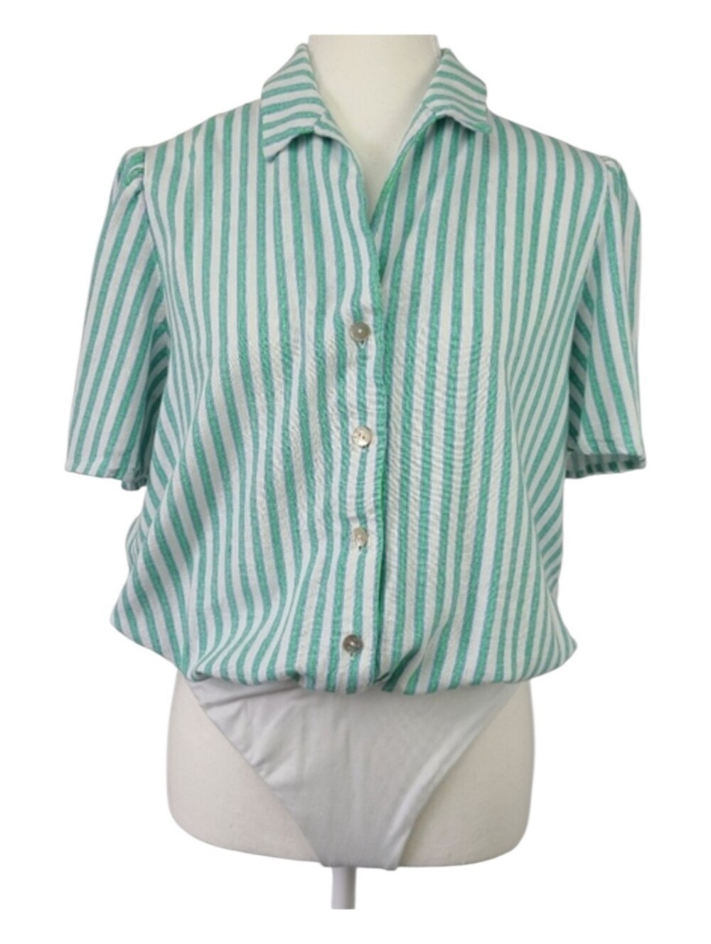 Draper James RSVP Striped Linen-Blend Medium Button-Front Bodysuit Casual Boho